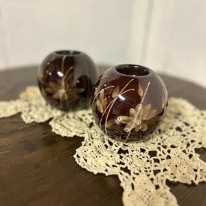 Vintage Floral Ceramic Bulb Tea Light Candle Holders, set of 2, shiny glaze